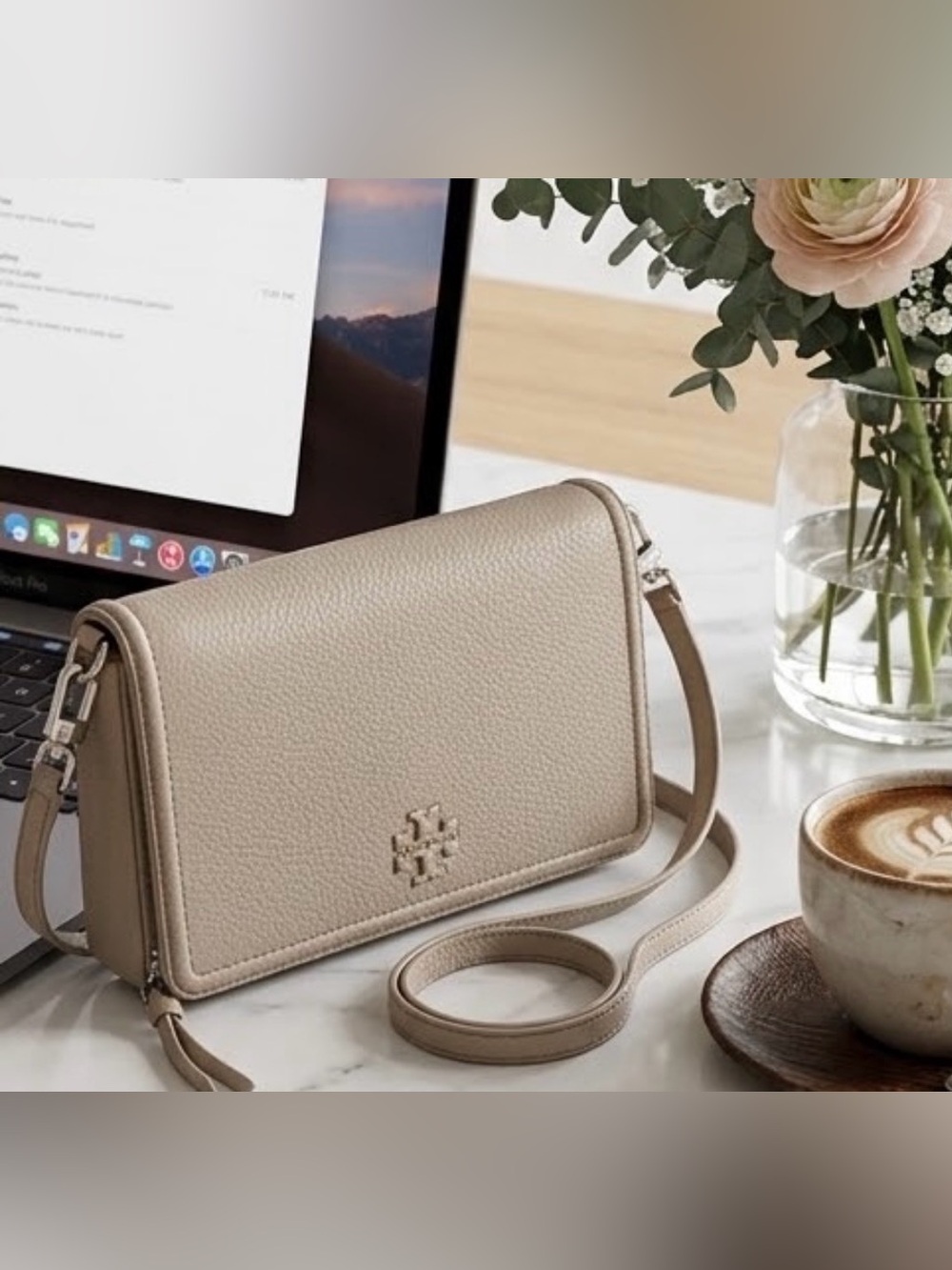 Tory Burch Thea Flat Wallet Crossbody Gray Pebbled Leather WOC Silver Hardware